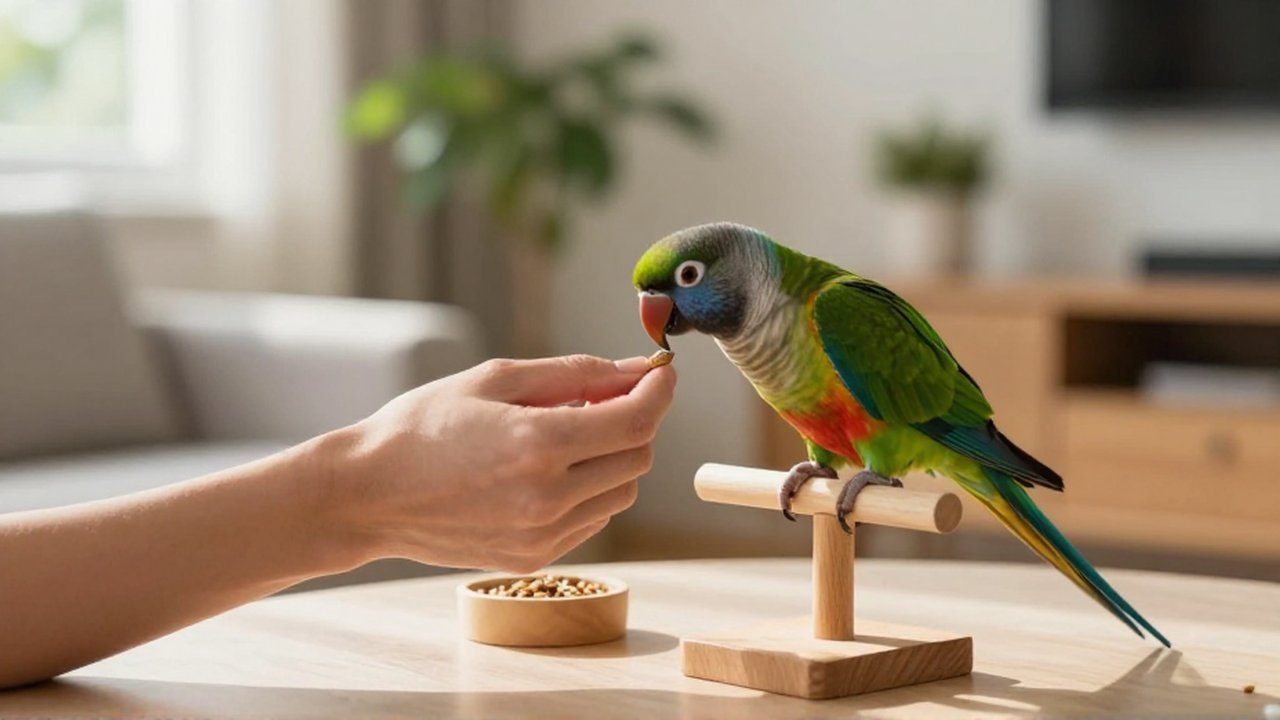 Una persona ofrece un premio con delicadeza a un loro colorido en una sala iluminada.