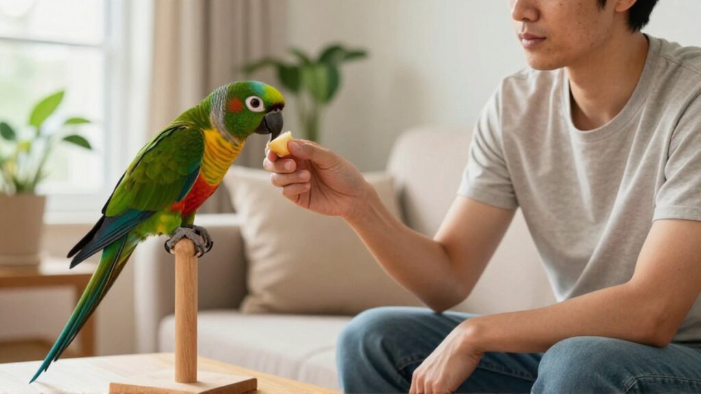 Una persona ofrece suavemente un trozo de fruta a un loro colorido en una sala luminosa.