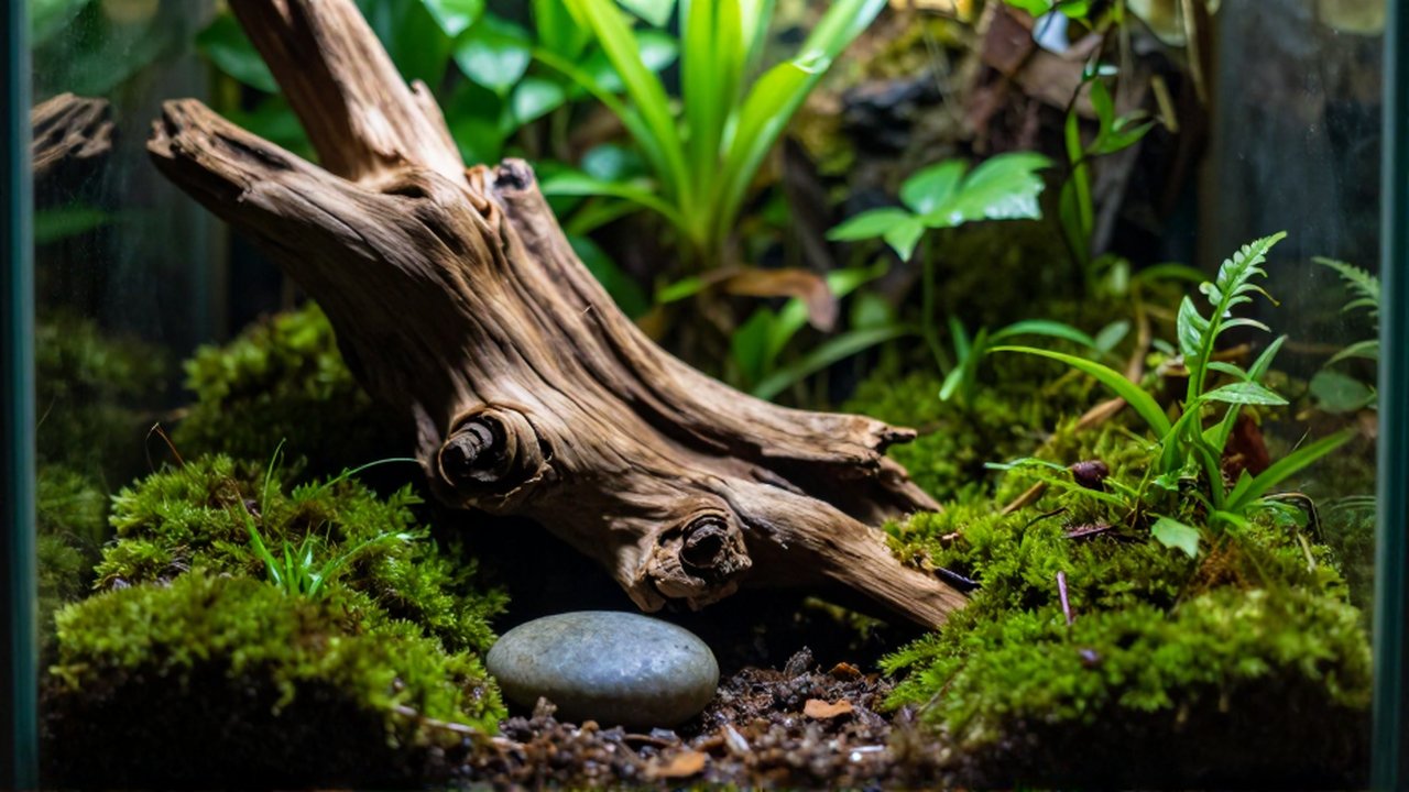 Primer plano de un terrario bioactivo con musgo, madera y piedras entre plantas verdes.
