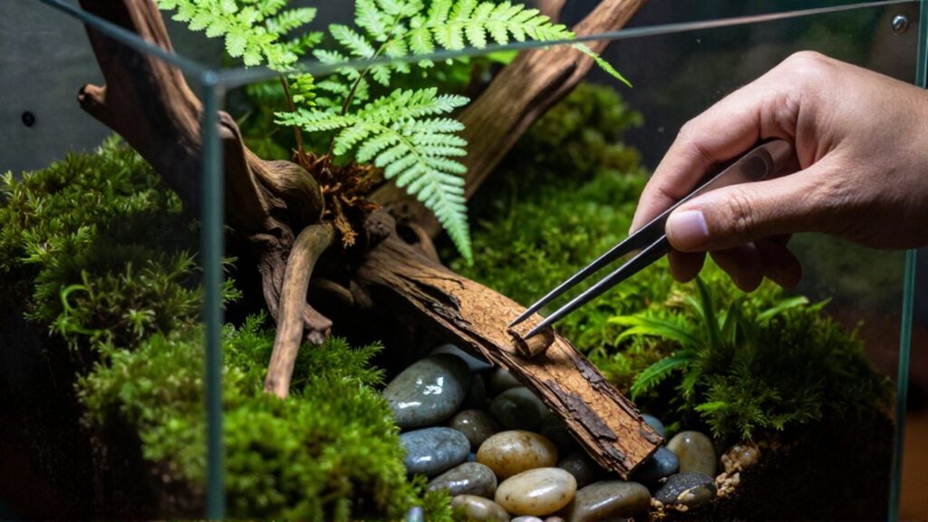 Unas pinzas colocan una corteza de corcho en un terrario bioactivo lleno de vegetación.