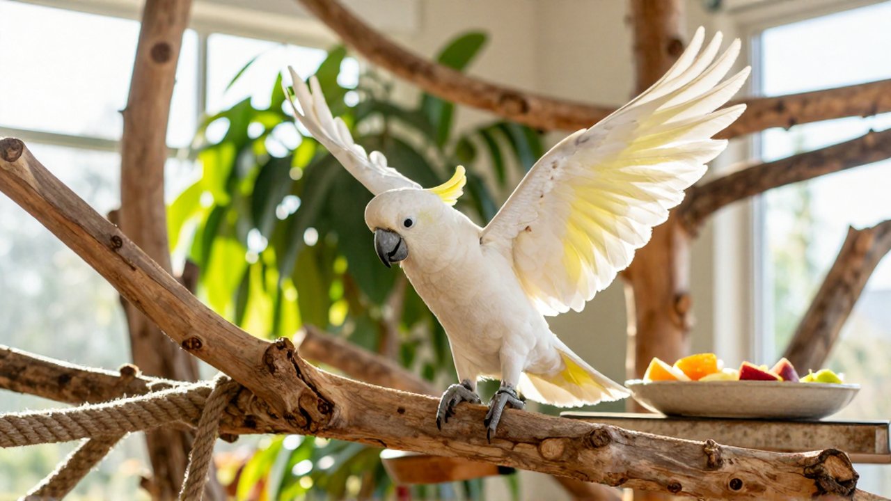 Un cacatúa blanco estira sus alas mientras trepa por ramas y cuerdas en un aviario iluminado.