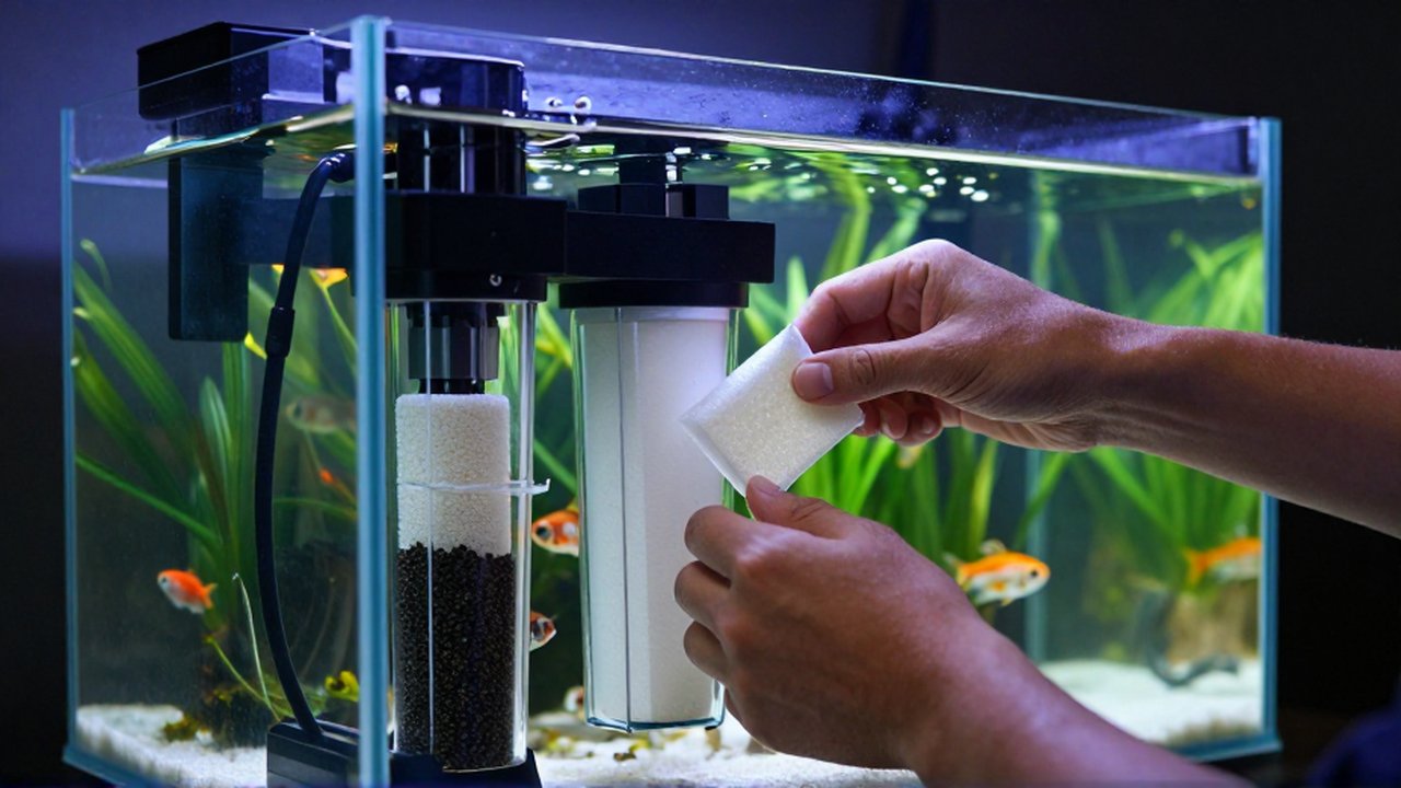 Un especialista manipula medios de filtración junto a un acuario de agua dulce con plantas y peces.