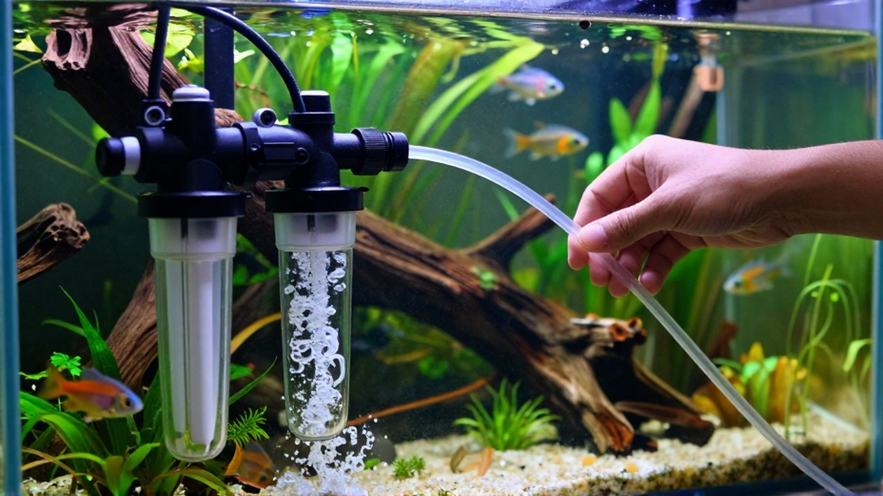 Unas manos conectan un tubo de agua a un sistema de filtración en un acuario de plantas exuberantes.