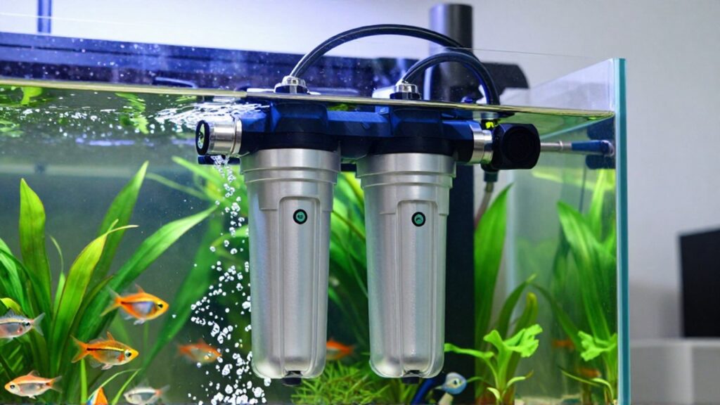 Instalación de un sistema de filtración profesional conectado al acuario con plantas y peces tropicales.