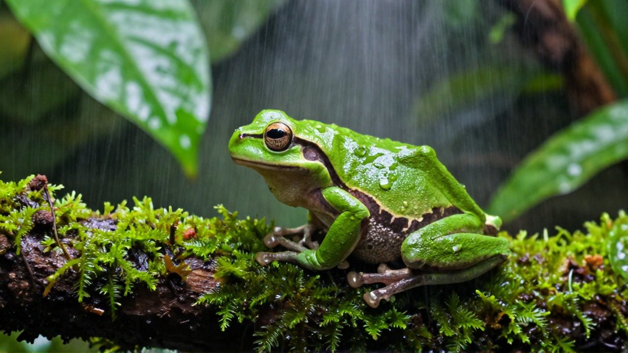 Una rana arborícola de color verde brillante con gotas de agua sobre una rama con musgo.