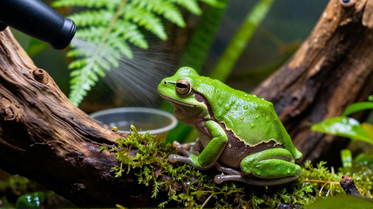 Una rana arborícola verde sobre una rama con musgo en un terrario tropical húmedo.