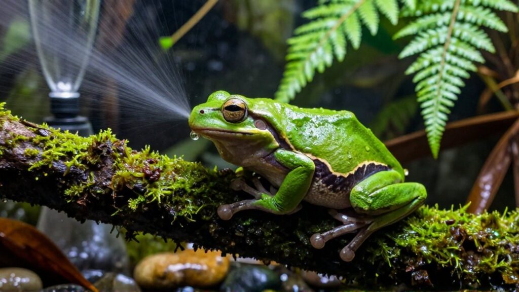 Una rana verde bebe una gota de agua sobre una rama con musgo en un terrario tropical.