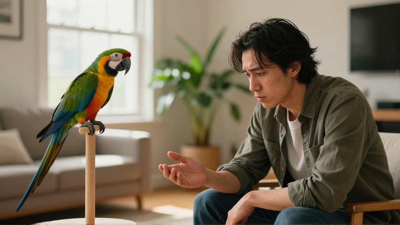 Persona frustrada suspira frente a un guacamayo en un pedestal lejano, mostrando la falta de conexión.