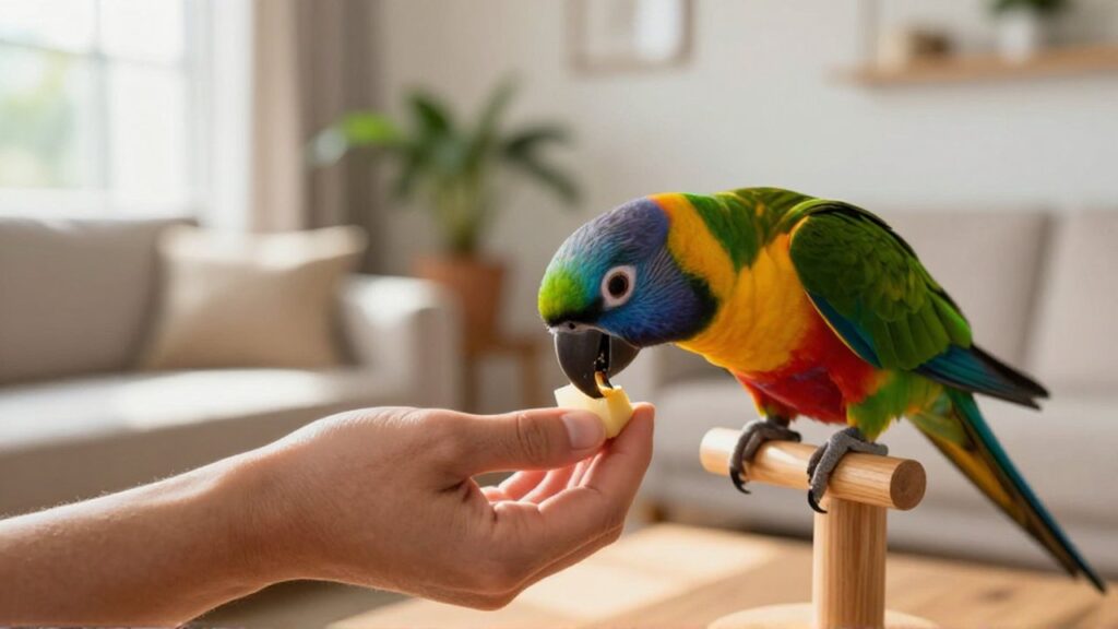 Una mano ofrece un trozo de fruta a un loro colorido en una sala iluminada.