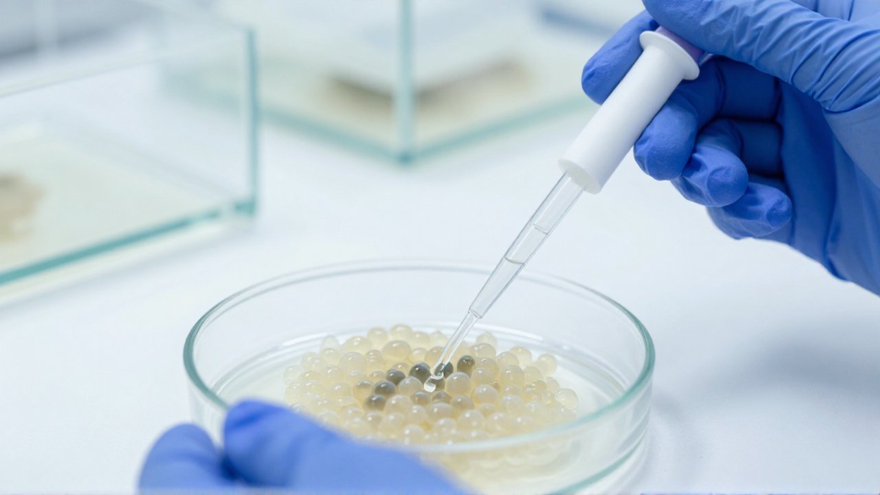 Unas manos con guantes azules aplican una solución con una pipeta sobre huevos de anfibio en un laboratorio.