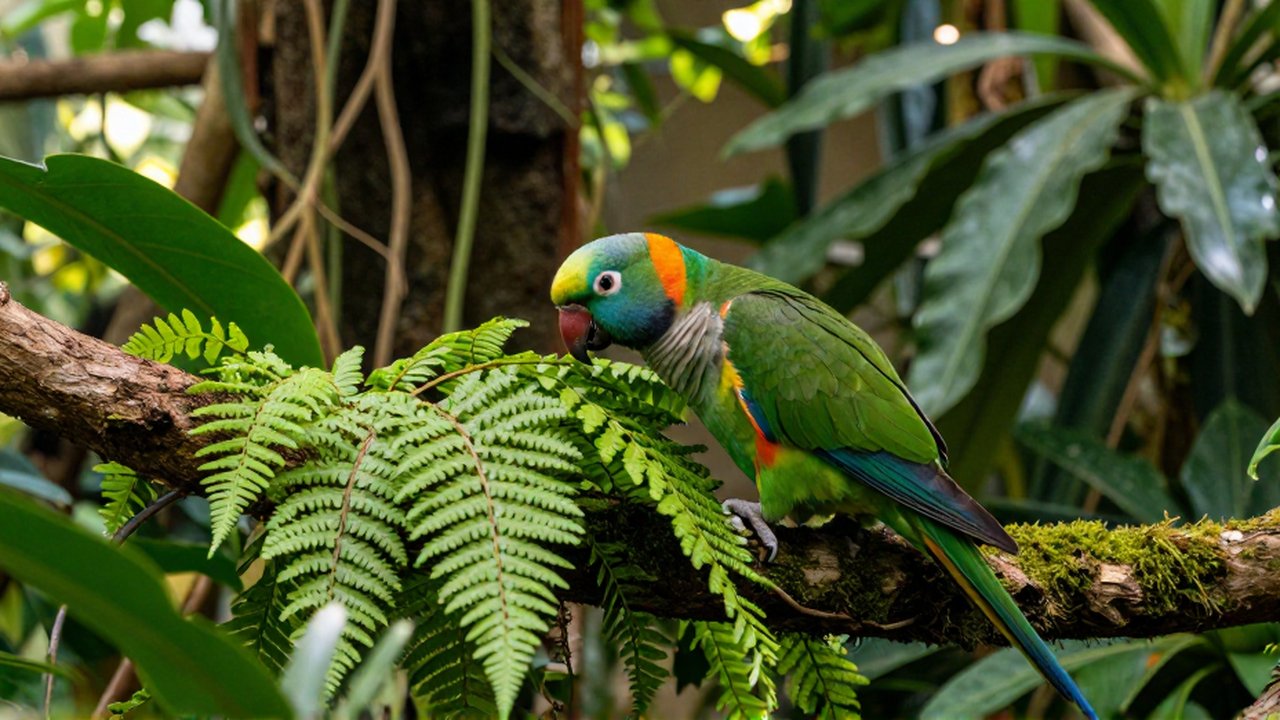 Un loro de colores vibrantes posado en una rama con musgo dentro de un aviario tropical.