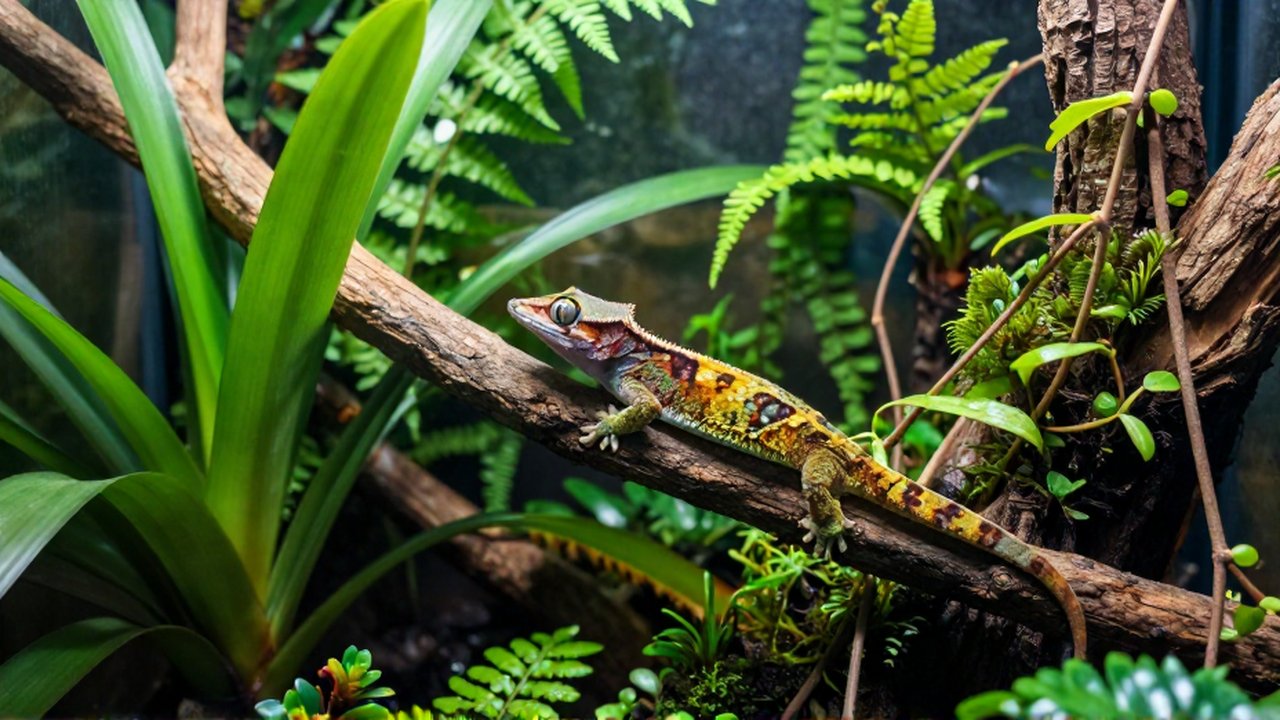 Un gecko crestado posado sobre una rama en un exuberante terrario tropical con plantas verdes.