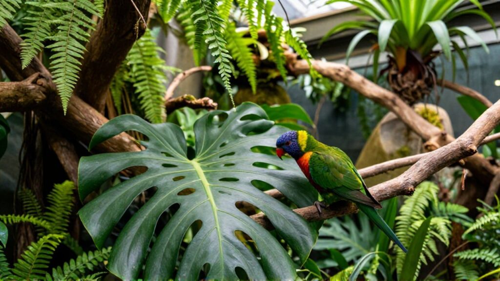 Un colorido agapornis posado en una rama mientras inspecciona las hojas de un aviario tropical exuberante.