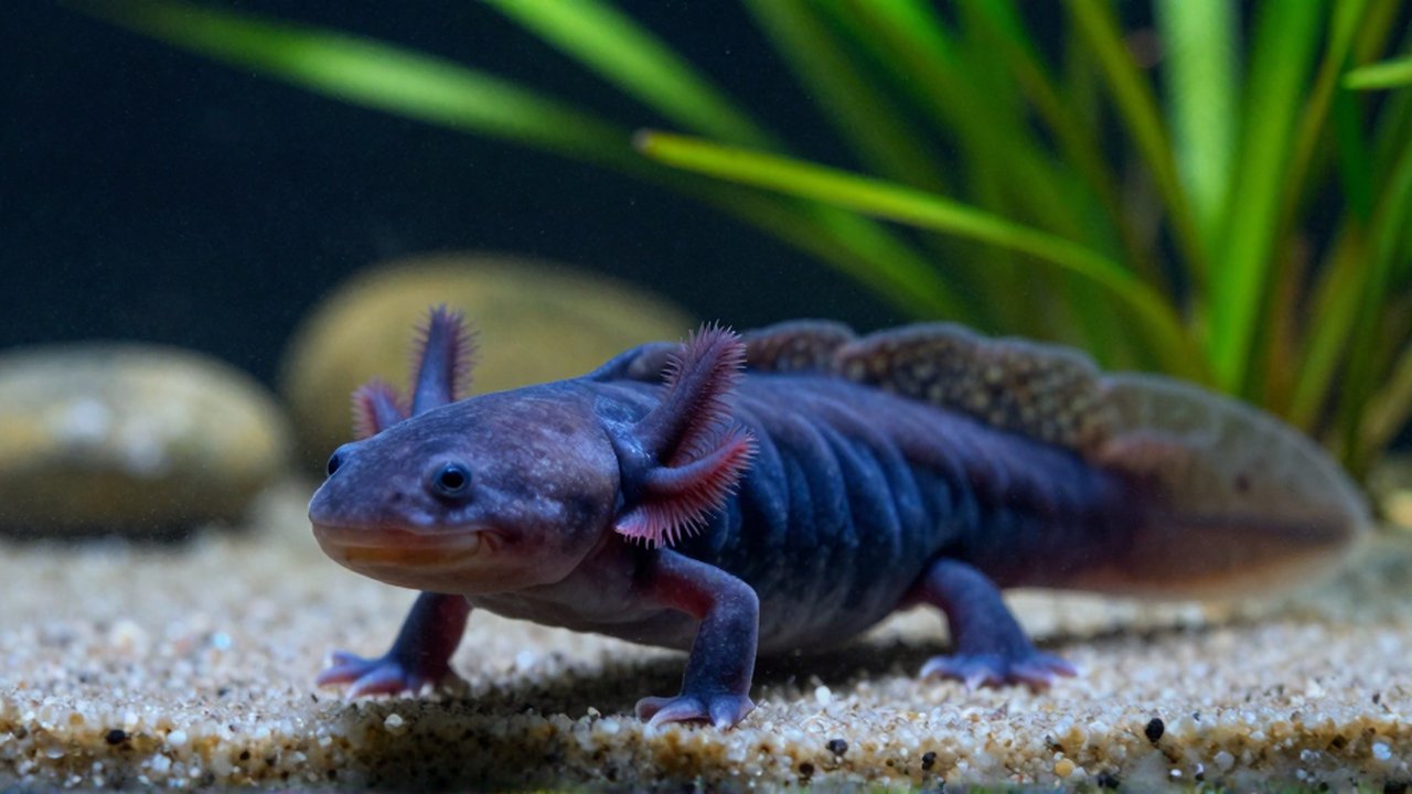 Axolote de piel oscura y branquias rosadas descansando en el fondo arenoso de un acuario.