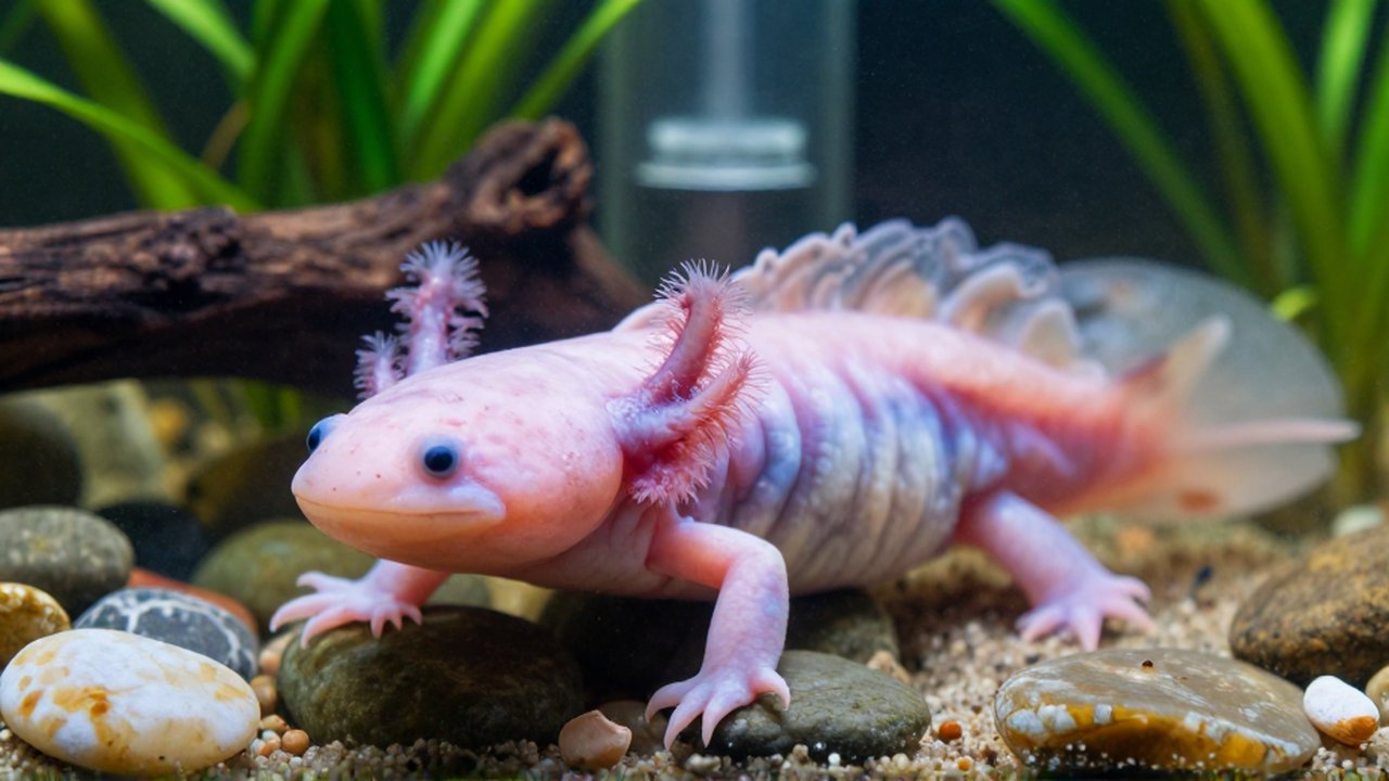 Un ajolote rosado descansa en el fondo de un acuario entre plantas y piedras.