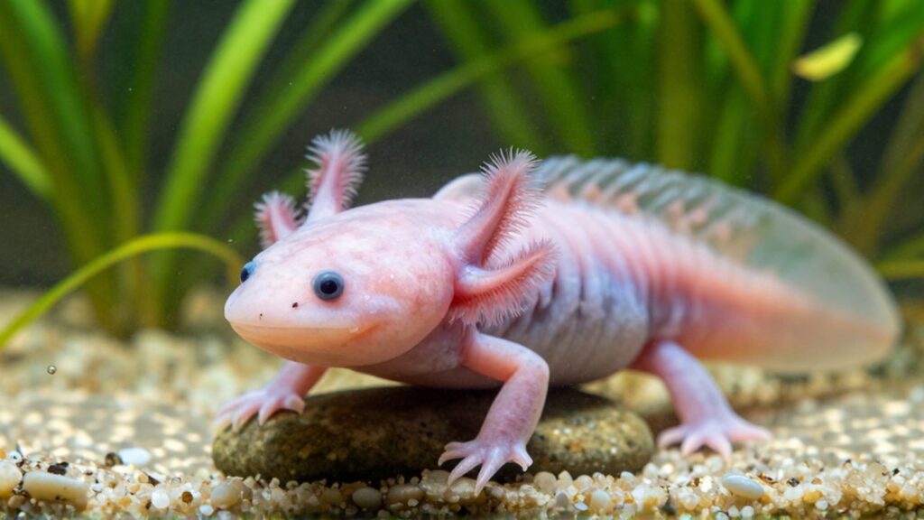 Un axolote de color rosa pálido descansa sobre una piedra en un acuario con plantas verdes.