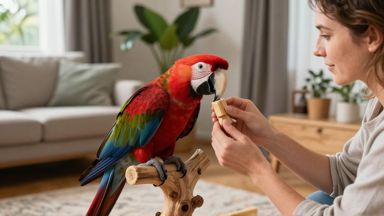 Un dueño ofrece un juguete de madera a un guacamayo rojo en una sala tranquila.