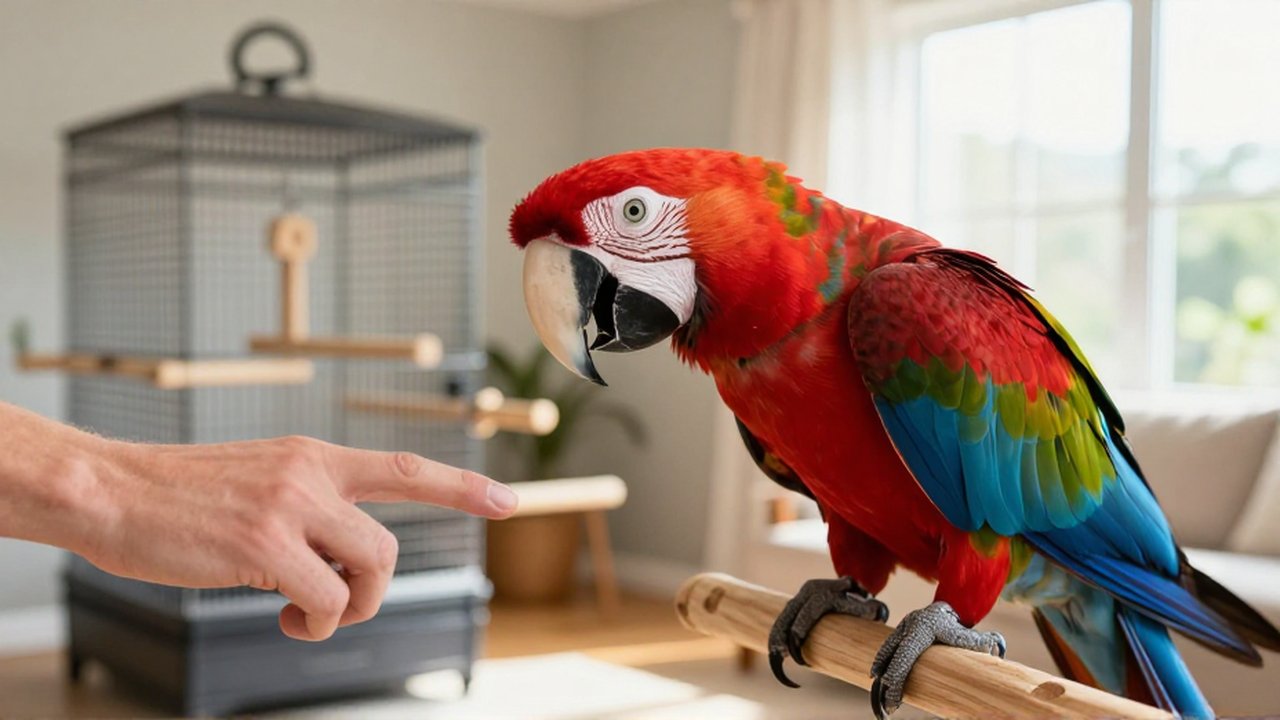Un guacamayo rojo y azul lanza un picotazo defensivo hacia una mano en una sala iluminada.