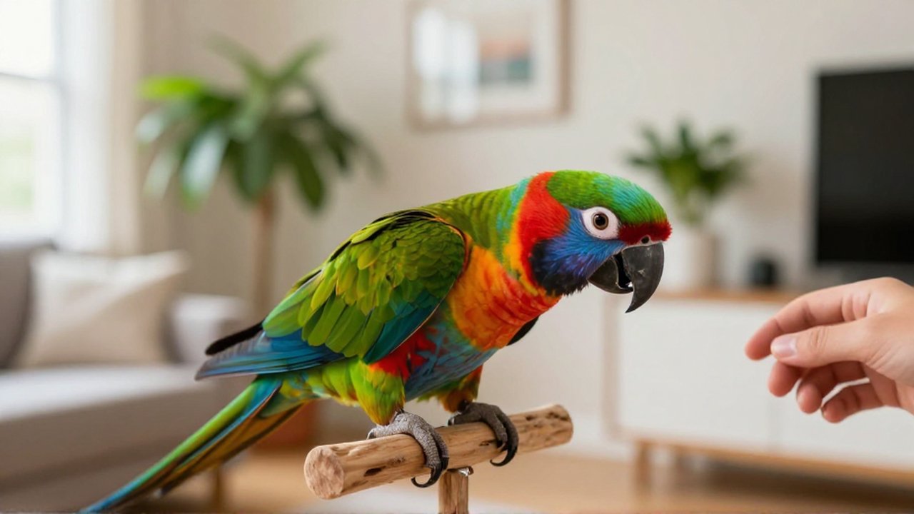 Loro de colores brillantes con aspecto agitado sobre un soporte de madera en una sala iluminada.
