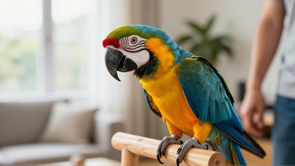 Guacamayo de colores brillantes con mirada intensa sobre un soporte de madera en una sala.
