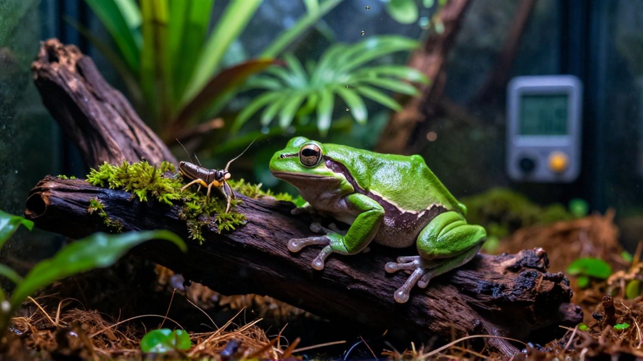 Una rana verde inmóvil sobre madera en un terrario tropical con vegetación densa.