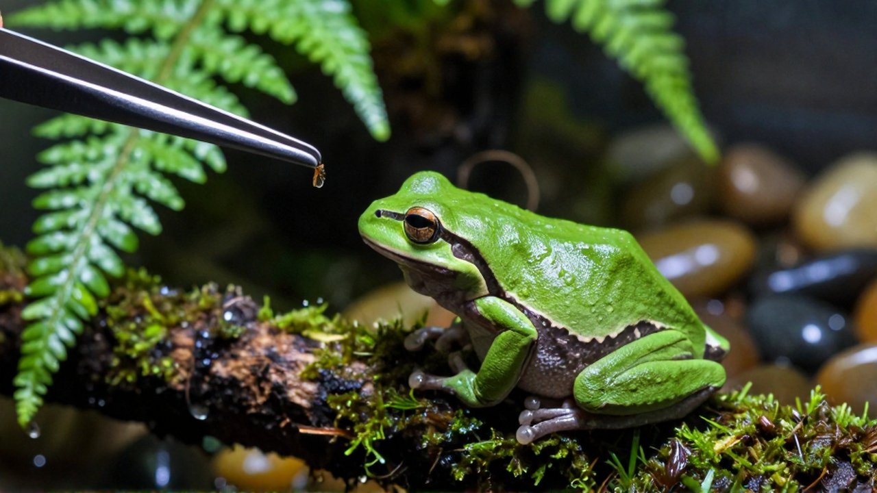 Una pequeña rana verde sobre una rama con musgo, ignorando un insecto ofrecido con pinzas.