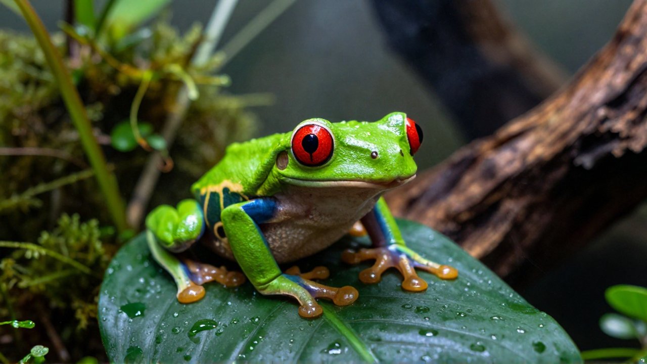 Una rana arborícola de ojos rojos descansa sobre una hoja húmeda en un terrario selvático.