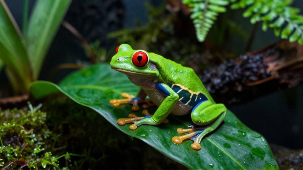 Una rana de ojos rojos posada sobre una hoja verde húmeda en un terrario tropical.