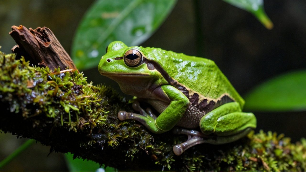 Una rana arborícola verde se prepara para saltar desde una rama con musgo en un entorno tropical húmedo.