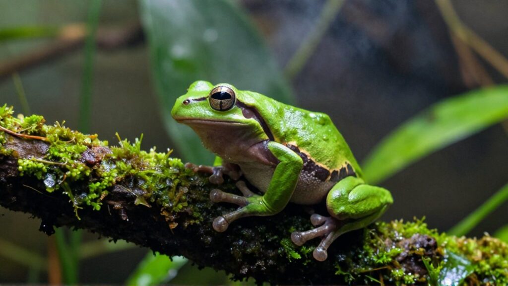 Una rana arborícola verde sobre una rama de musgo húmedo en un entorno tropical.