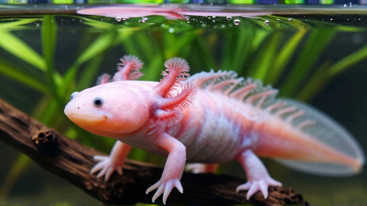 Primer plano de un ajolote rosado nadando tranquilamente entre plantas acuáticas en un acuario limpio.