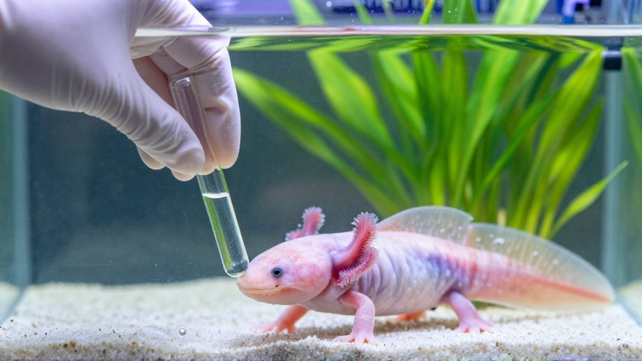 Un veterinario realiza una prueba de calidad del agua junto a un ajolote rosado en su acuario.