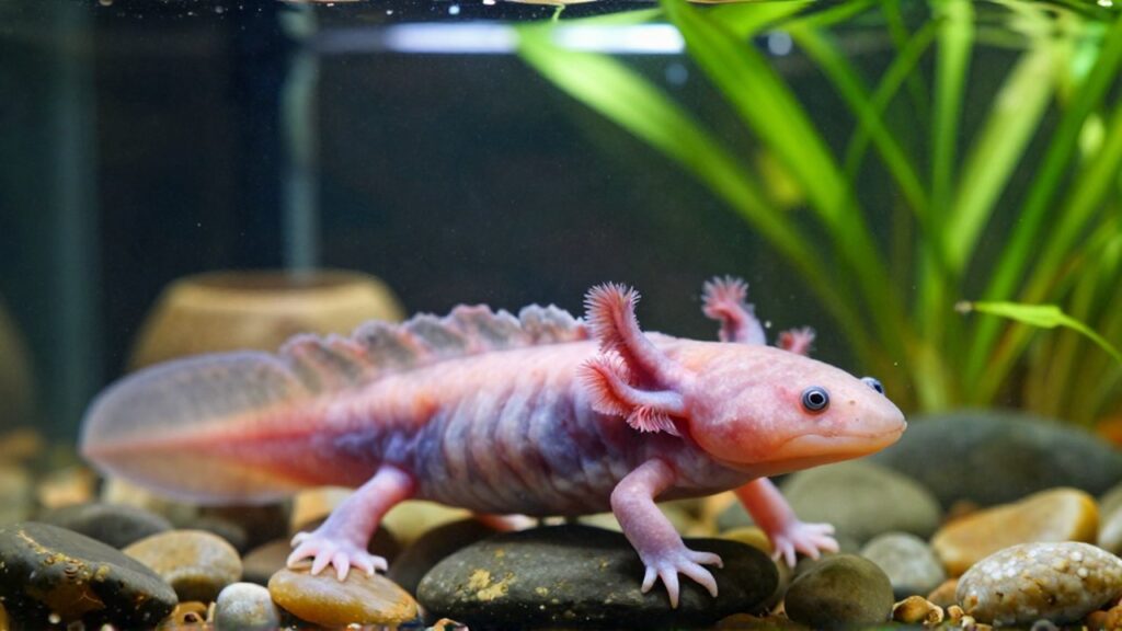 Un axolote de piel rosada descansa sobre una piedra en un acuario con plantas verdes.