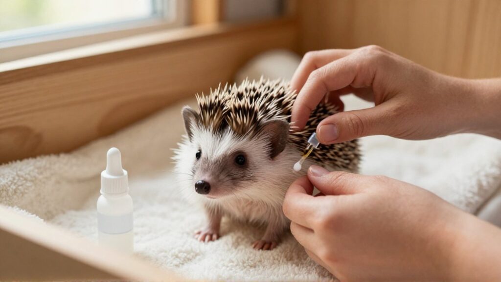 Unas manos aplican con cuidado un ungüento sobre un pequeño erizo africano en su hábitat.
