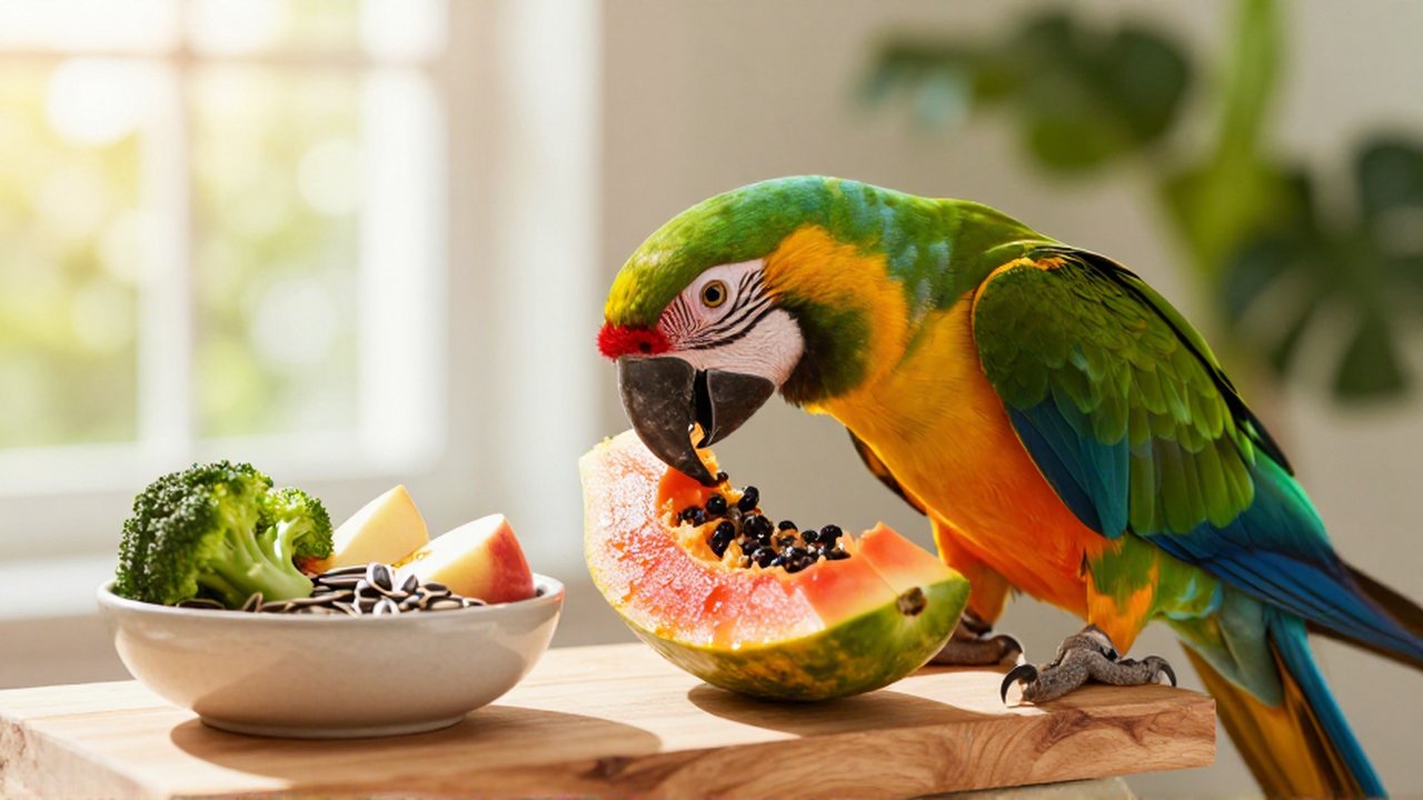 Un loro colorido come una rodaja de papaya junto a un cuenco con frutas y verduras.