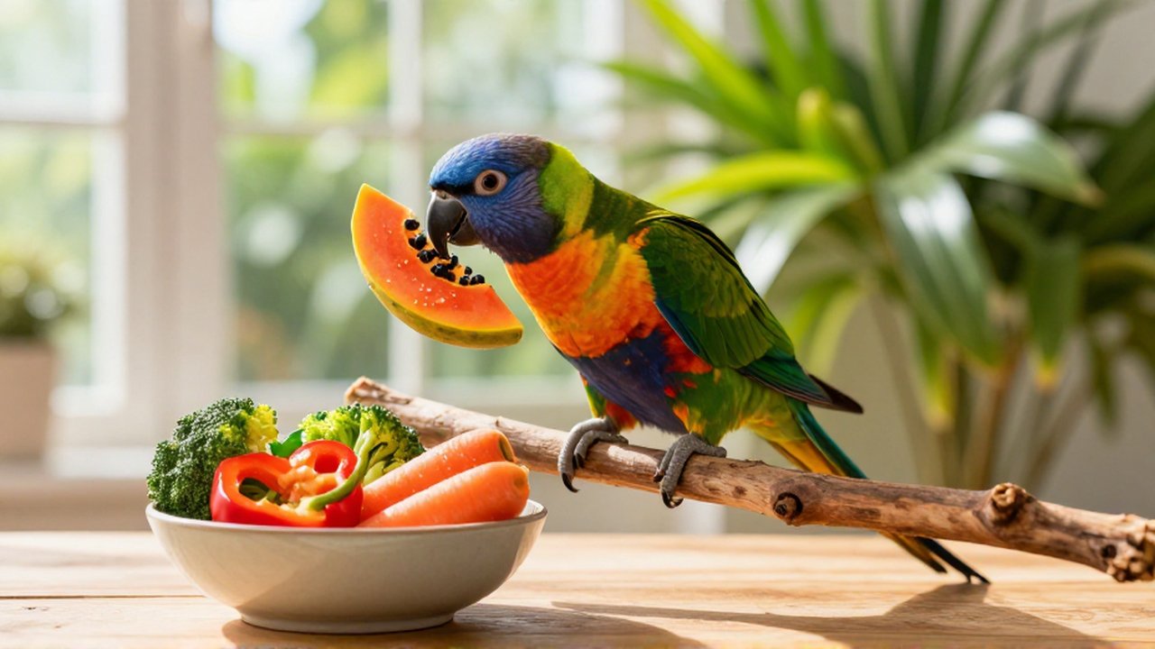 Un loro multicolor come un trozo de papaya junto a un cuenco de vegetales frescos.