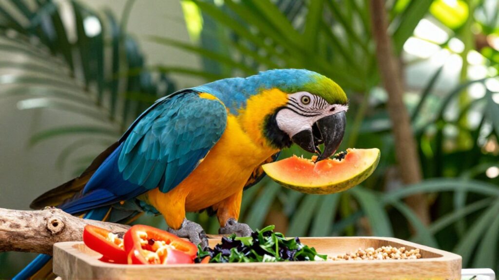 Guacamayo de colores azul y amarillo comiendo una rodaja de papaya en un aviario tropical.