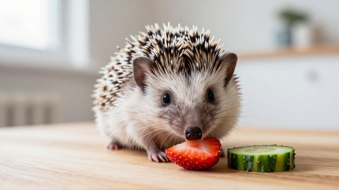 Un erizo africano curioso olisquea una fresa y pepino sobre una superficie de madera limpia.