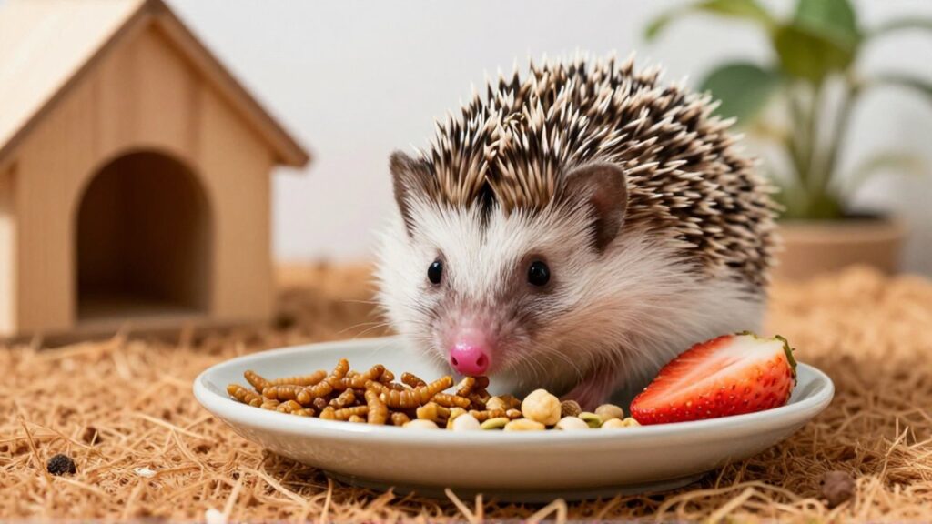 Un erizo pigmeo africano olfatea comida nutritiva en un plato dentro de su hábitat interior.
