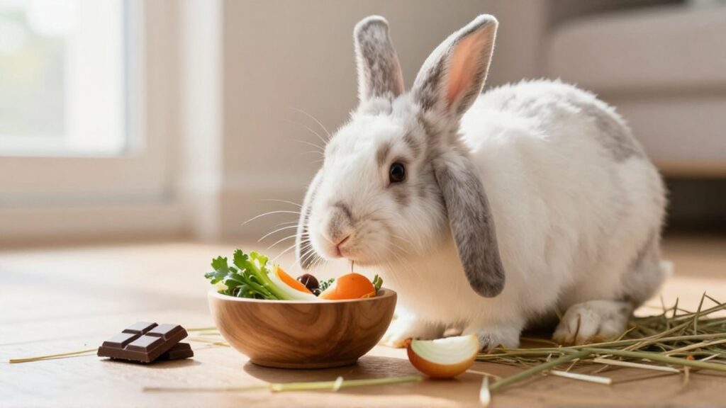 Un conejo de orejas caídas olfatea un cuenco con verduras junto a un montón de heno.
