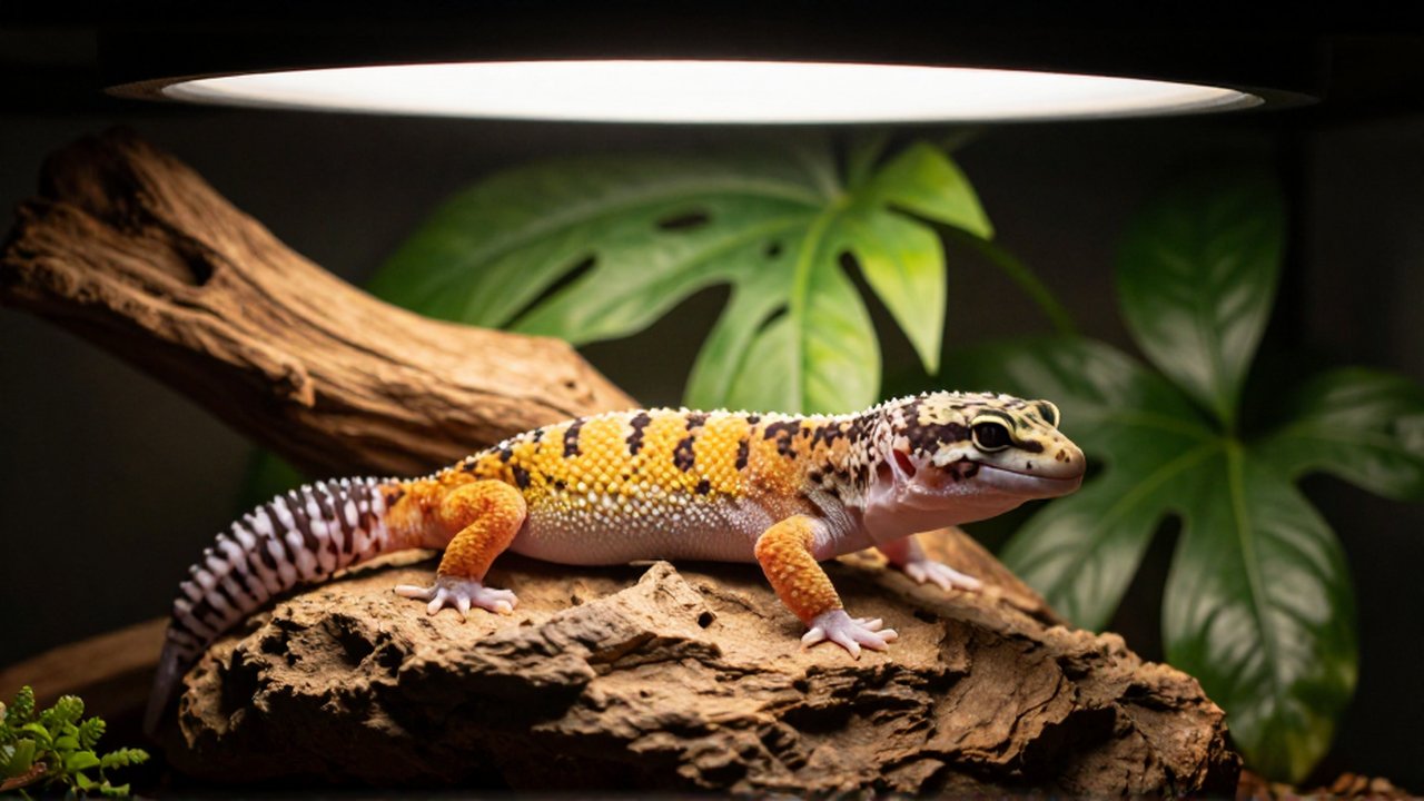Un gecko leopardo descansa sobre una roca en un terrario con vegetación y luz cálida.