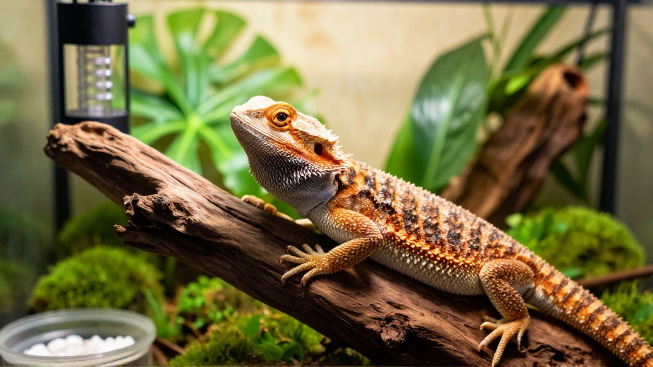 Primer plano de un dragón barbudo descansando en un terrario con plantas y luz cálida.