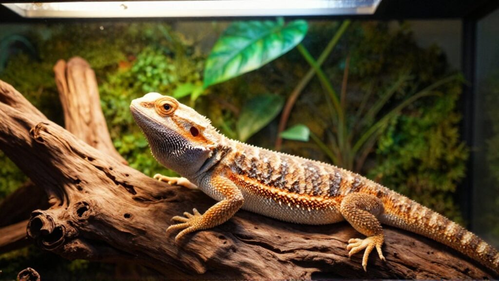 Un dragón barbudo descansa sobre madera en un terrario con musgo y luz natural cálida.