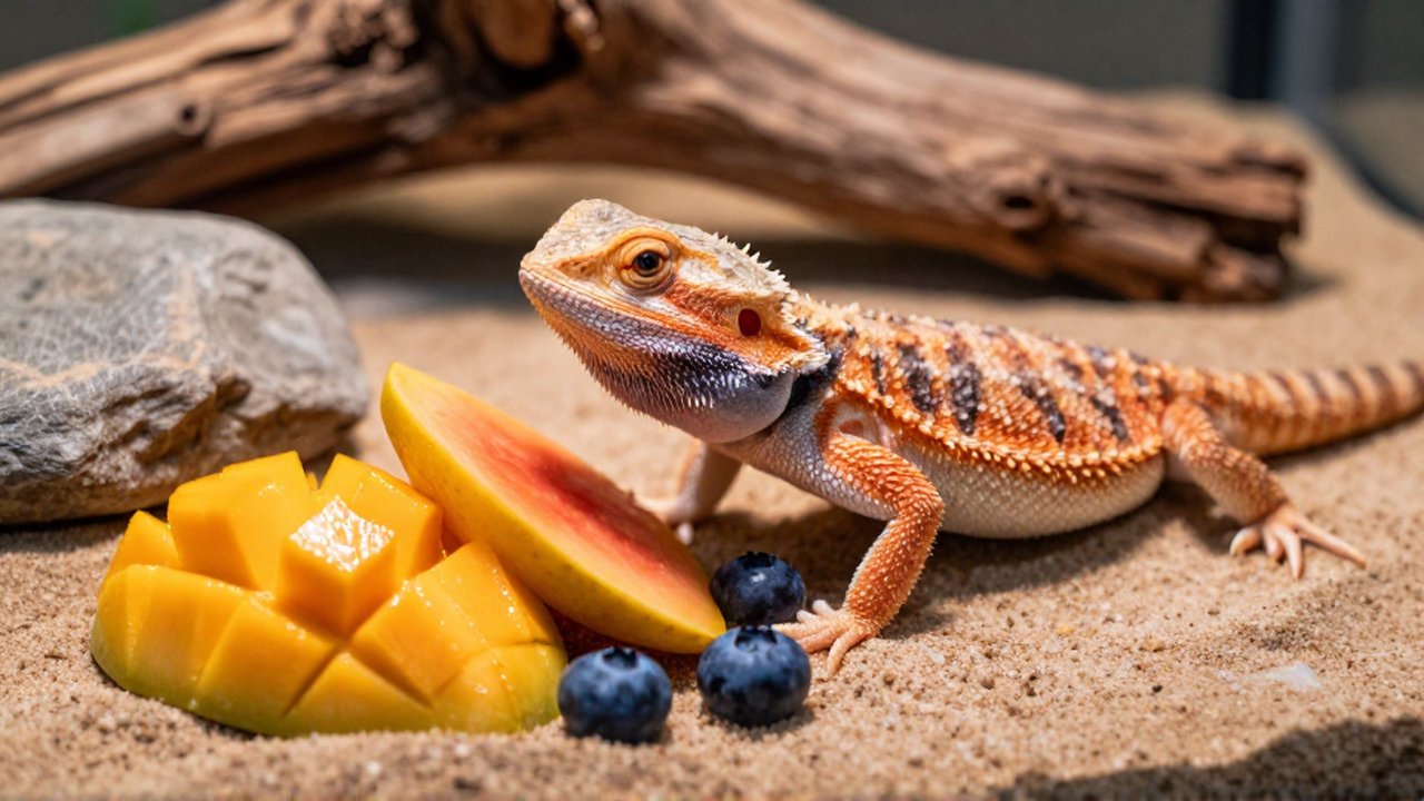 Un dragón barbudo acerca su cabeza a trozos de papaya, mango y arándanos en un terrario.