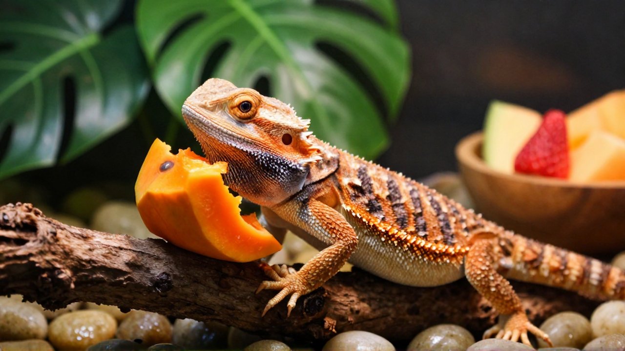 Un dragón barbudo sobre una rama come un trozo de papaya en un terrario con vegetación.