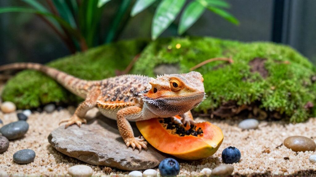 Un dragón barbudo se acerca con cautela a un trozo de papaya en un terrario natural.
