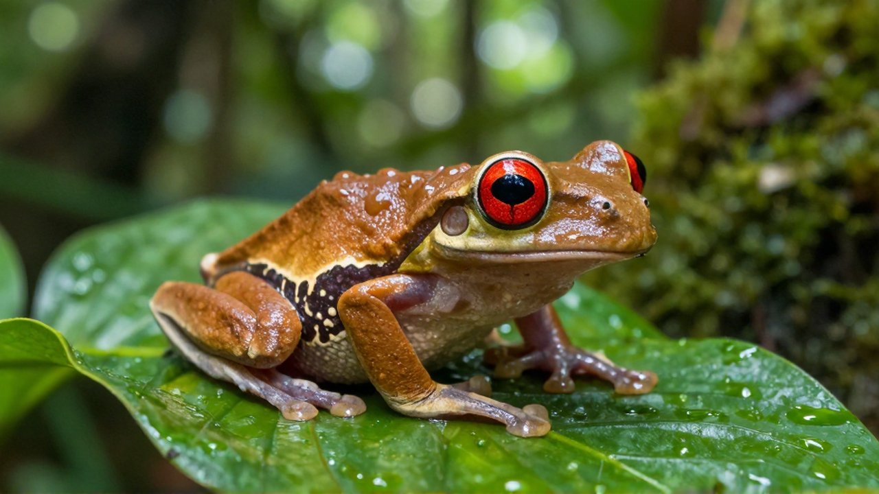 Primer plano de una rana de ojos rojos sobre una hoja húmeda en un bosque tropical.