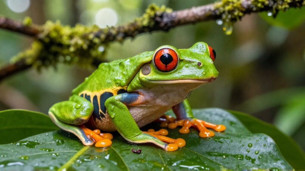Primer plano de una rana de ojos rojos sobre una hoja verde húmeda en la selva.