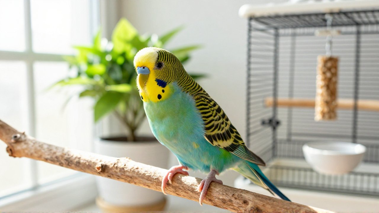 Un periquito colorido estira sus alas sobre una rama de madera dentro de un aviario iluminado.