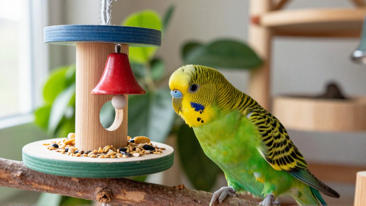 Un periquito colorido interactúa con un juguete de madera dentro de un aviario luminoso con vegetación.